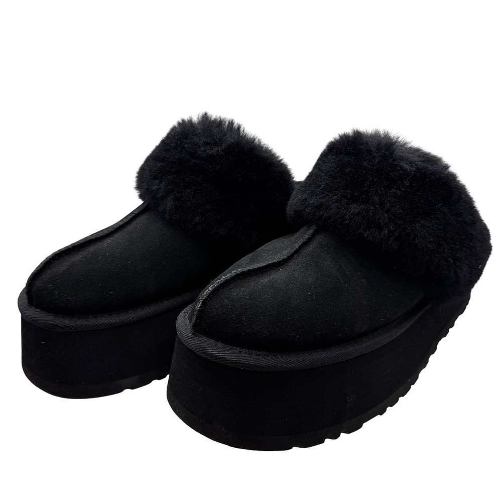 UGG Funkette Genuine Shearling Black Suede Platform Slippers Women's 12